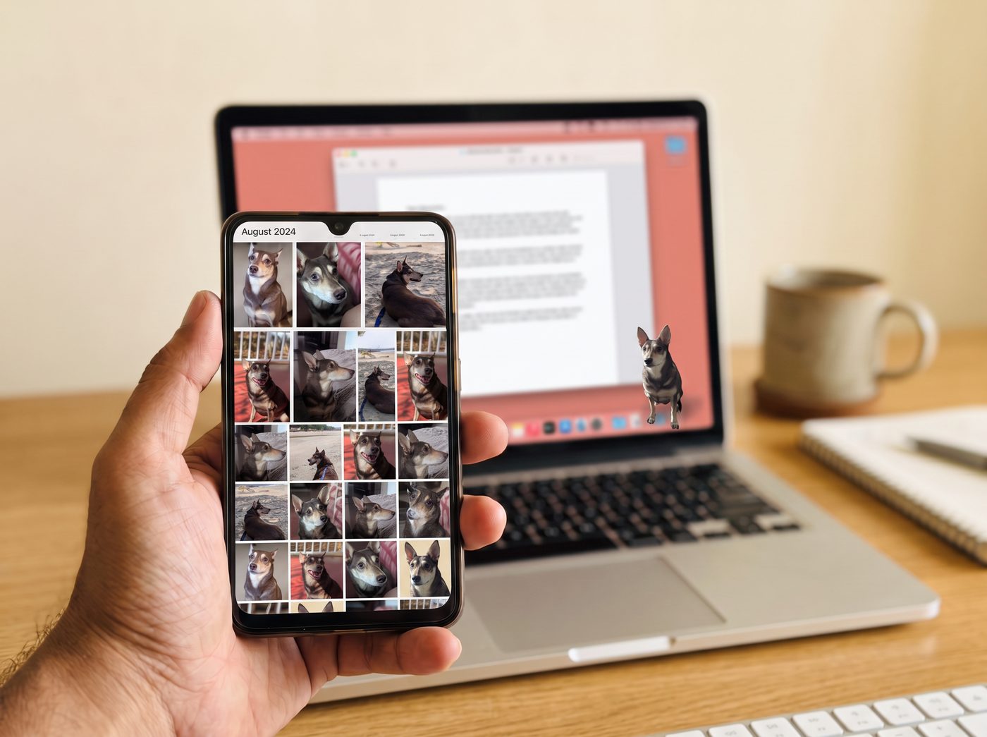 A hand holding a phone full of photos of Cookie, with Cookie sitting in the corner of the laptop behind it